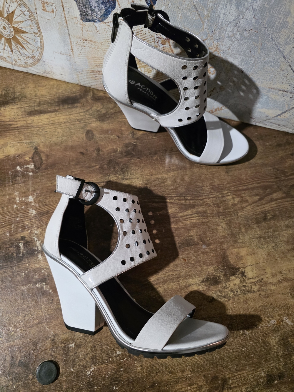 Reaction Kenneth Cole White Cutout Block Heel Sandals
